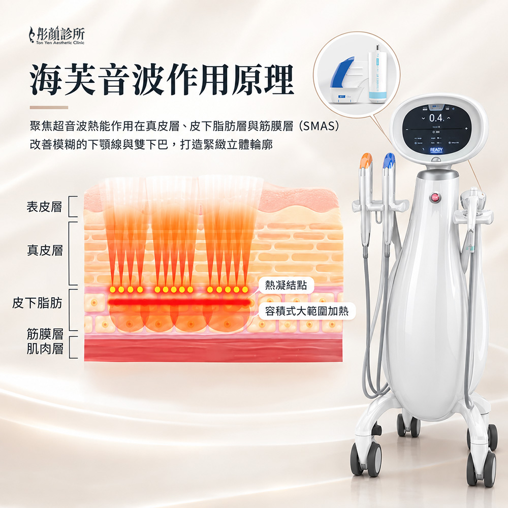 彤顏診所海芙音波7種深度探頭作用於真皮層與SMAS筋膜層緊緻拉提示意圖